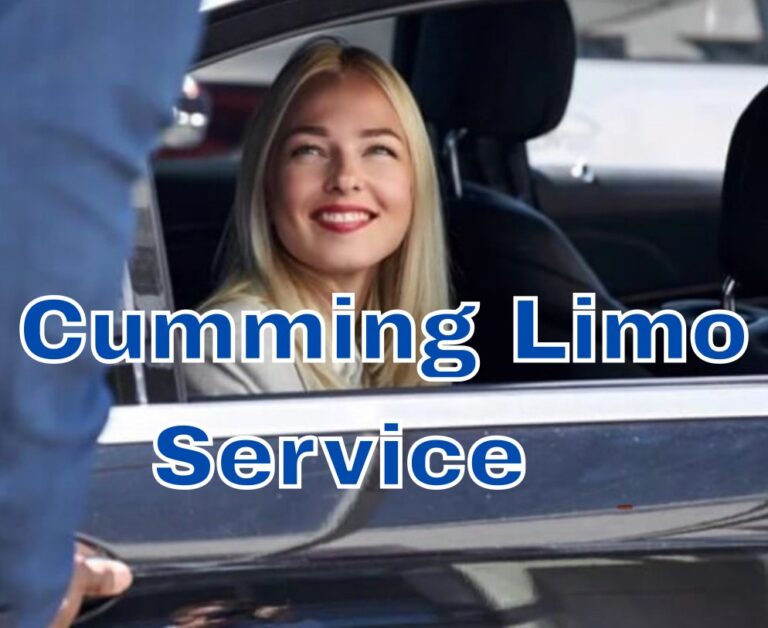 Smiling woman getting into a luxury car with chauffeur for Cumming limo service transportation.